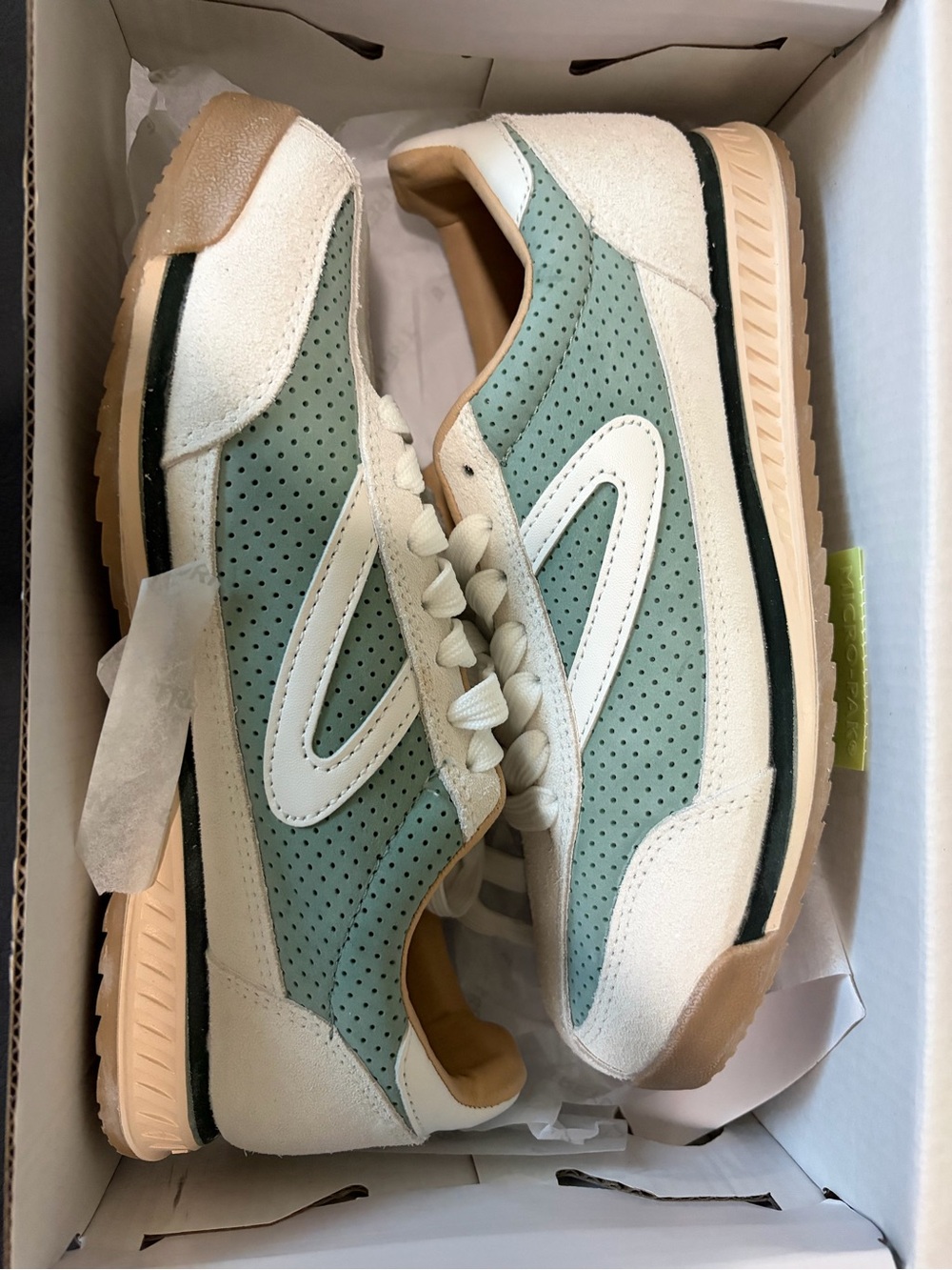 Tretorn Mint Green and White Perforated Sneakers
